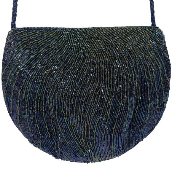 Vintage 90s Beaded Peacock Crossbody Purse Blue with Gold Shiny - Picture 1 of 9